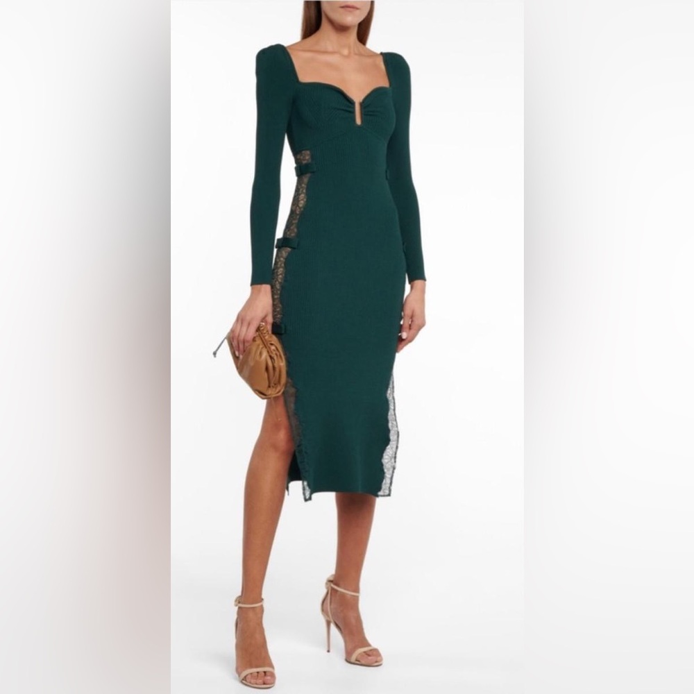 Self Portrait Ribbed Lace Side Bow Cutout Bodycon Midi Dress L Forest Green